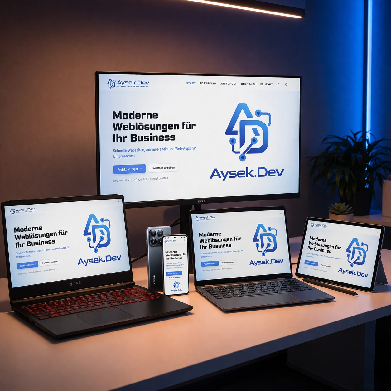 Professioneller Arbeitsplatz mit fertigen Webprojekten